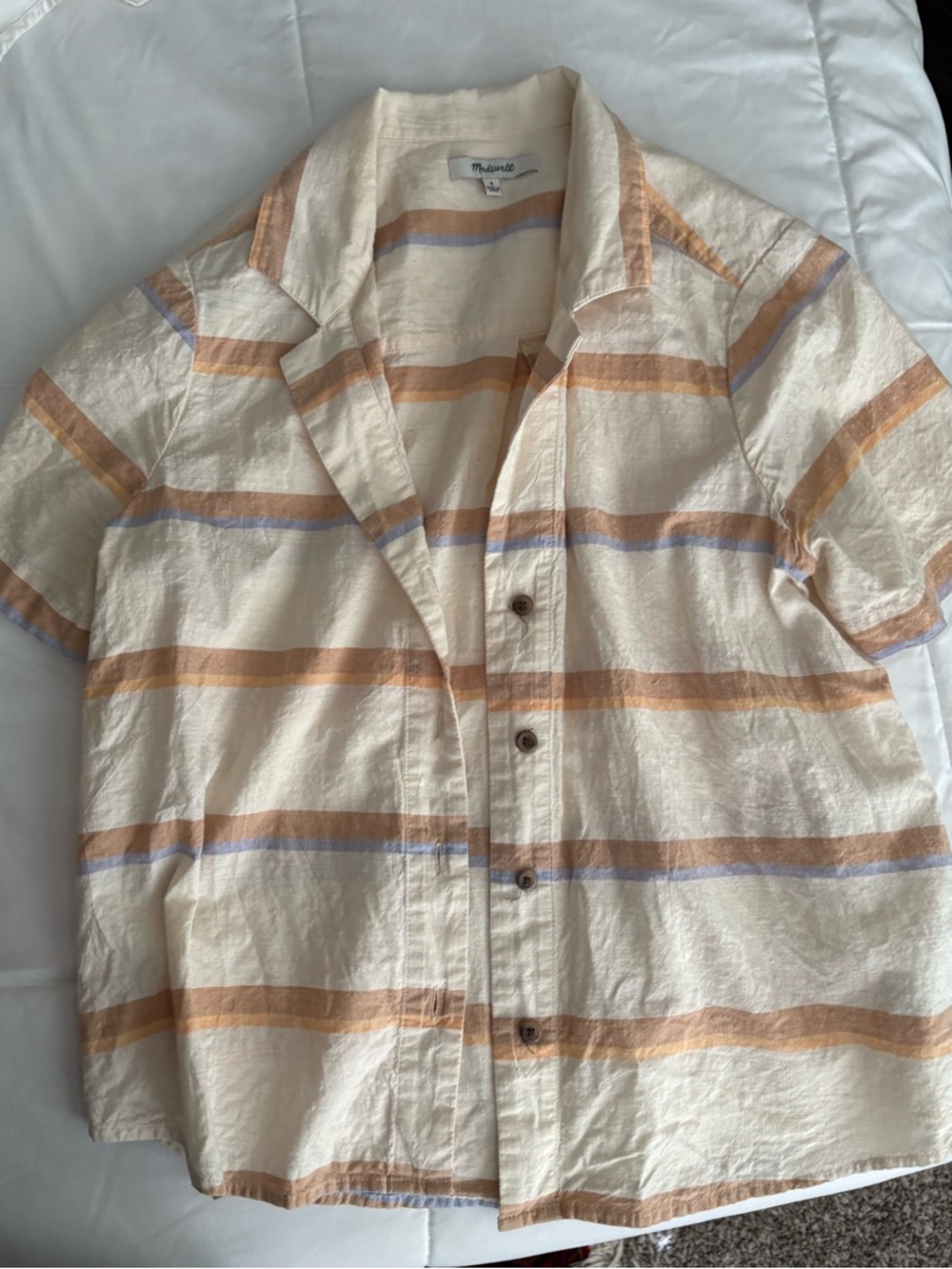 Madewell Cream Short-Sleeve Button-Down Shirt with Tan & Light Blue Stripes